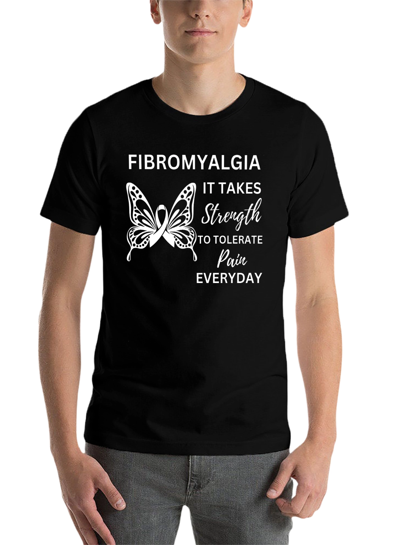 Fibromyalgia Awareness Ribbon Butterfly Black T-Shirt