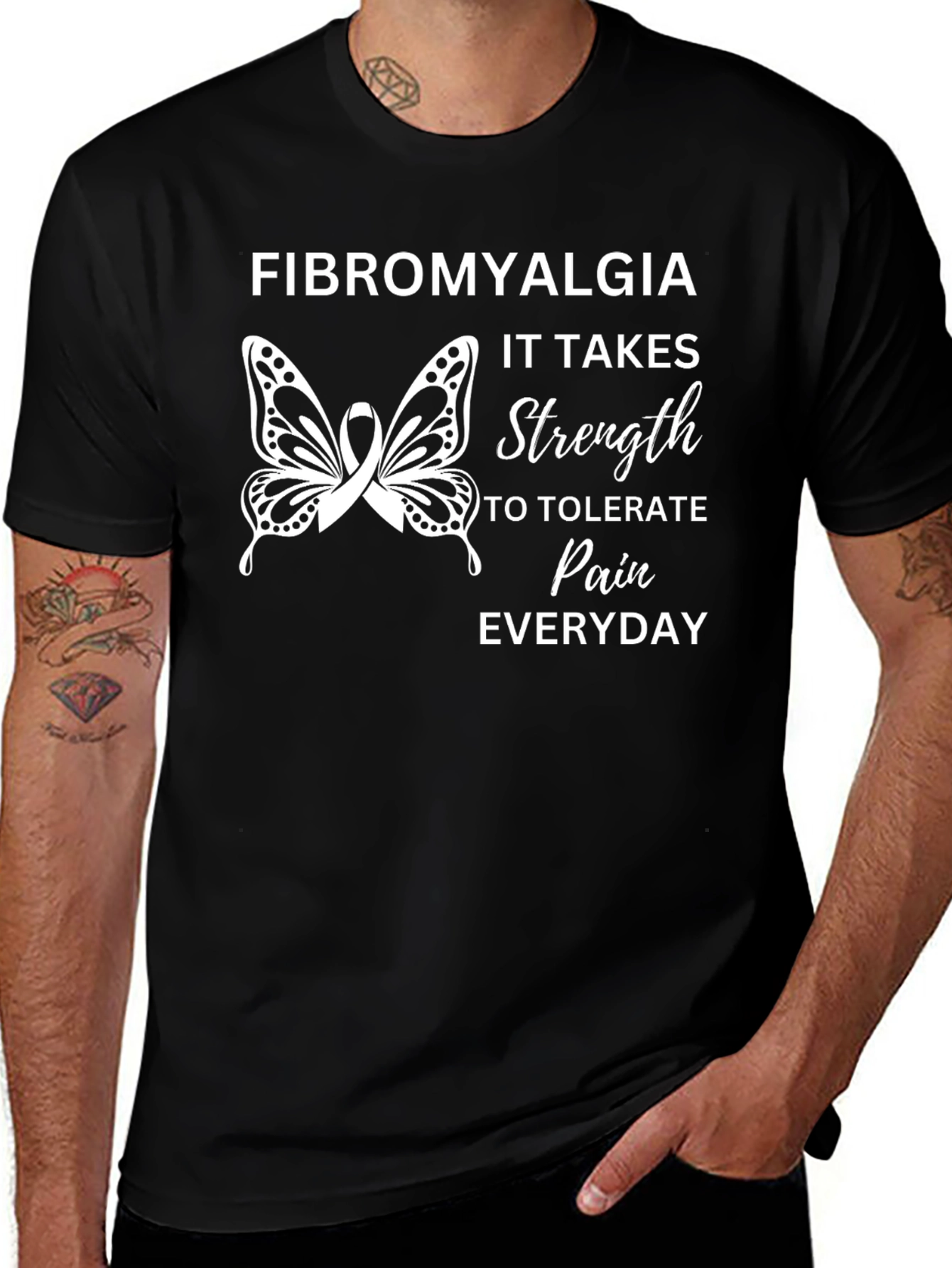 Fibromyalgia Awareness Ribbon Butterfly Black T-Shirt