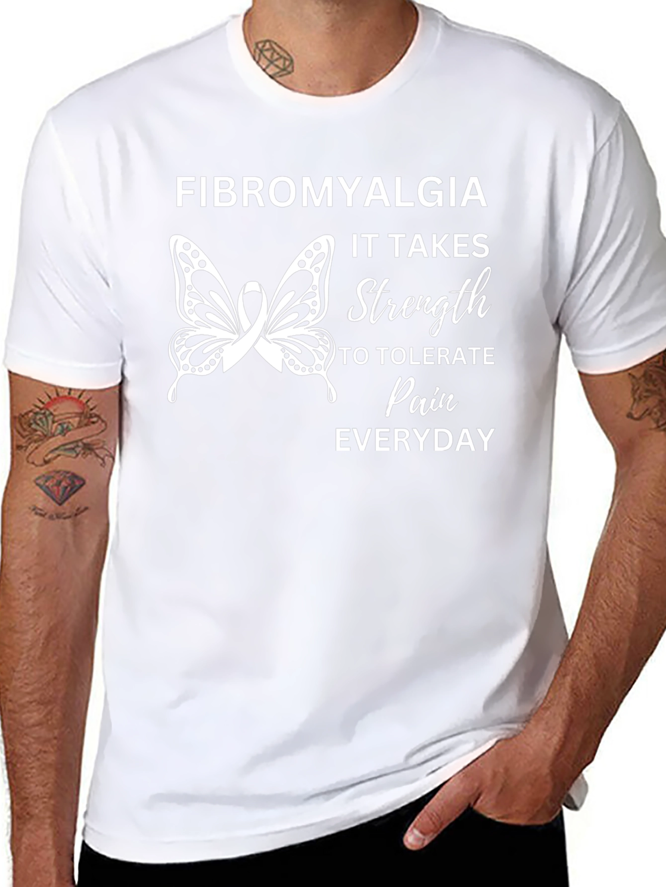 Fibromyalgia Awareness Ribbon Butterfly Black T-Shirt