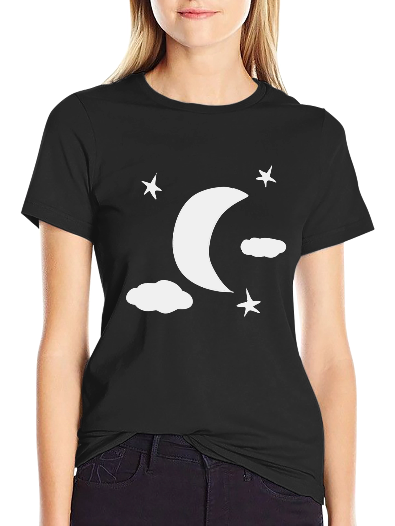 Moon Stars Clouds Graphic Tee - Black Casual Shirt