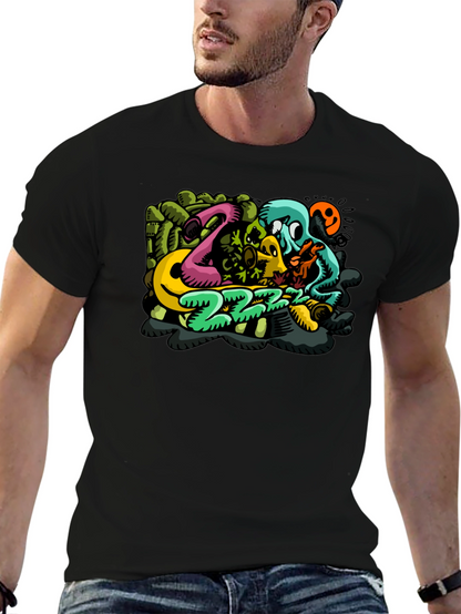 Mens Black T-Shirt with Cartoon Graphic