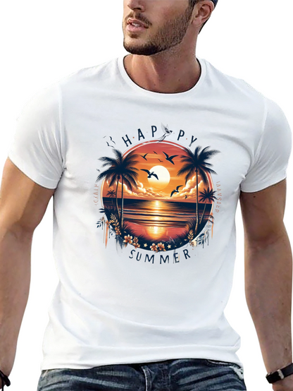 Happy Summer Palm Tree Graphic Black T-Shirt