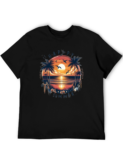 Happy Summer Palm Tree Graphic Black T-Shirt