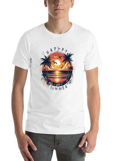 Happy Summer Palm Tree Graphic Black T-Shirt