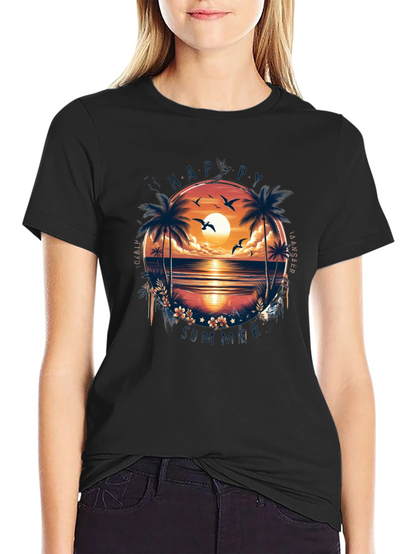 Happy Summer Palm Tree Graphic Black T-Shirt