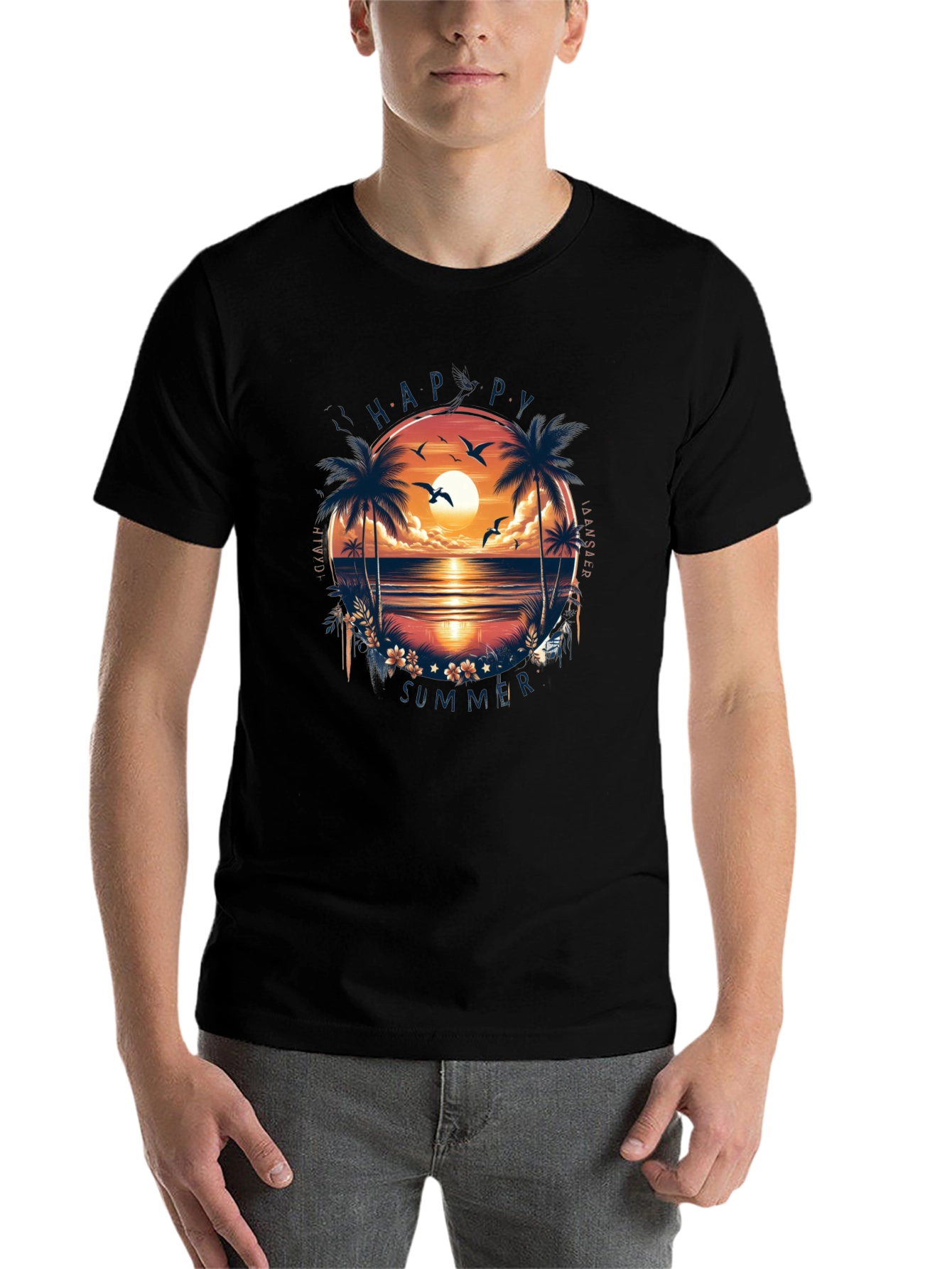 Happy Summer Palm Tree Graphic Black T-Shirt
