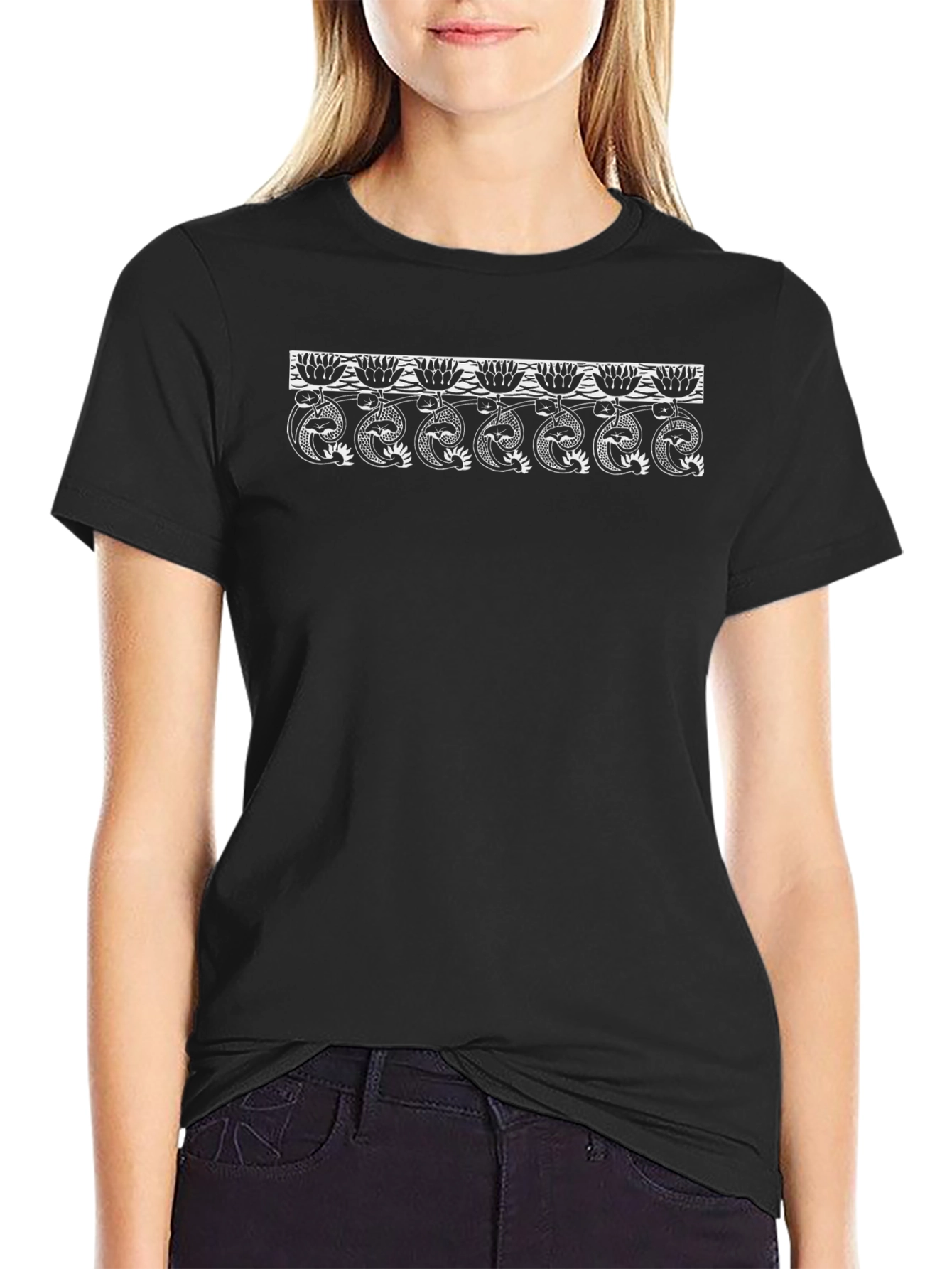 Black T-Shirt with Lotus Snake Design