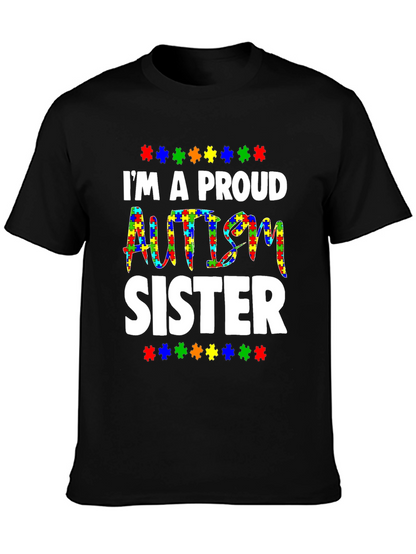 Proud Autism Sister T-Shirt - Puzzle Piece Design