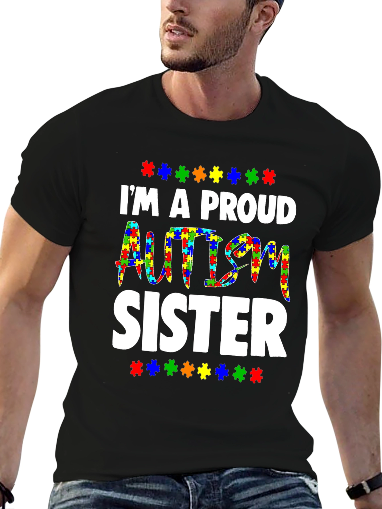 Proud Autism Sister T-Shirt - Puzzle Piece Design