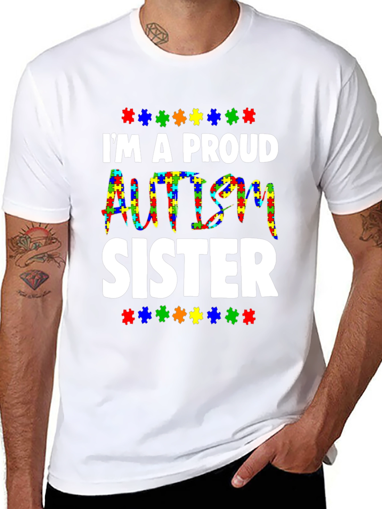 Proud Autism Sister T-Shirt - Puzzle Piece Design