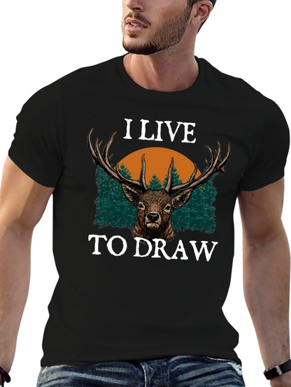 I Live to Draw Deer Graphic T-Shirt - Black