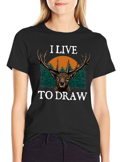 I Live to Draw Deer Graphic T-Shirt - Black