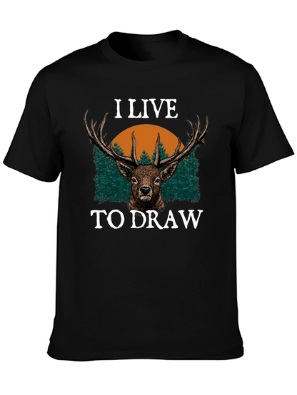 I Live to Draw Deer Graphic T-Shirt - Black