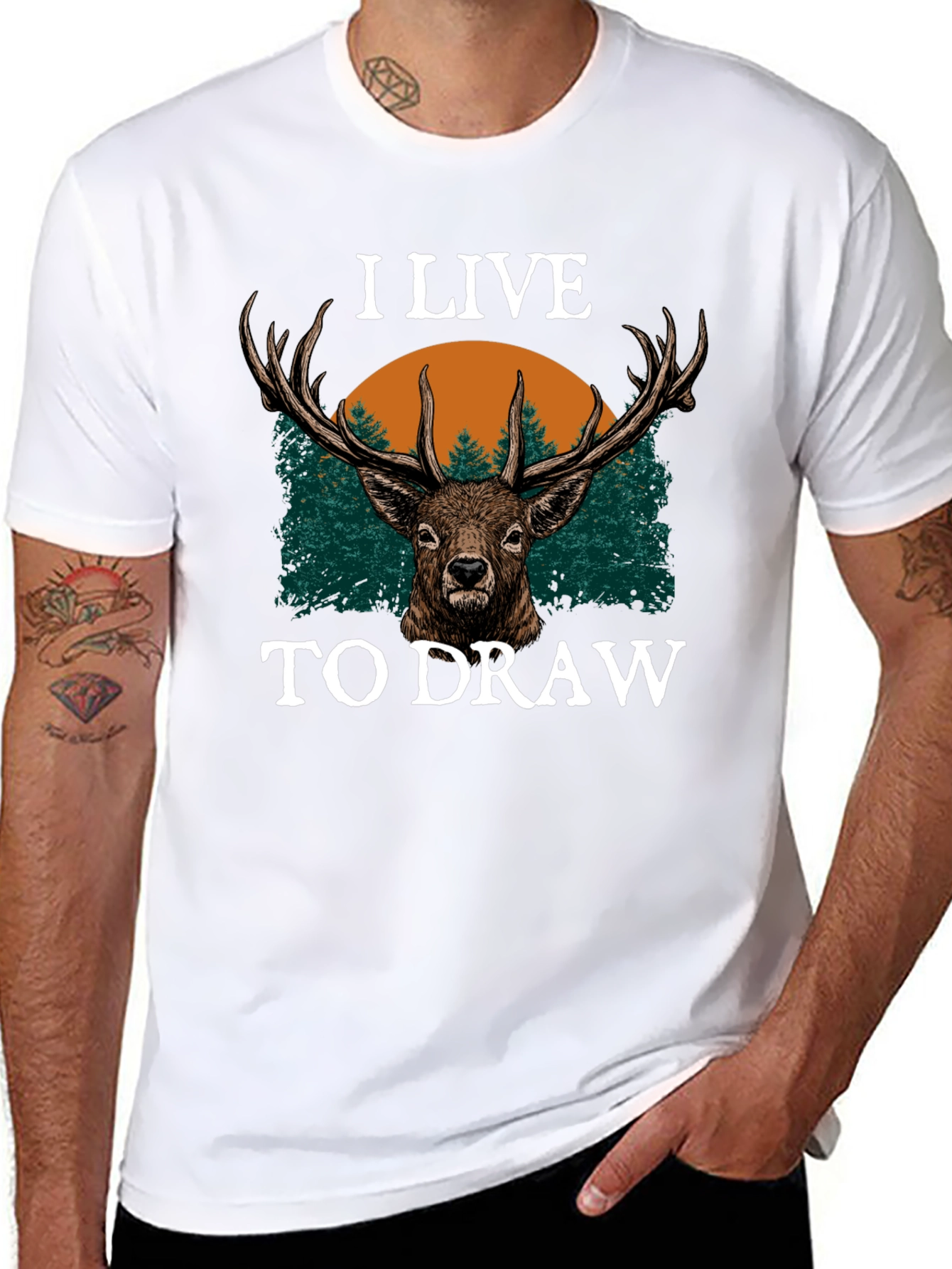 I Live to Draw Deer Graphic T-Shirt - Black