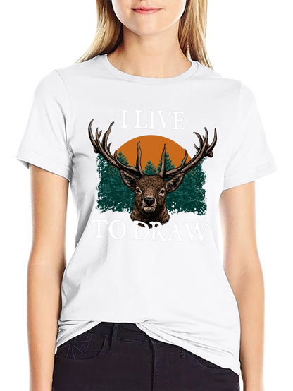 I Live to Draw Deer Graphic T-Shirt - Black