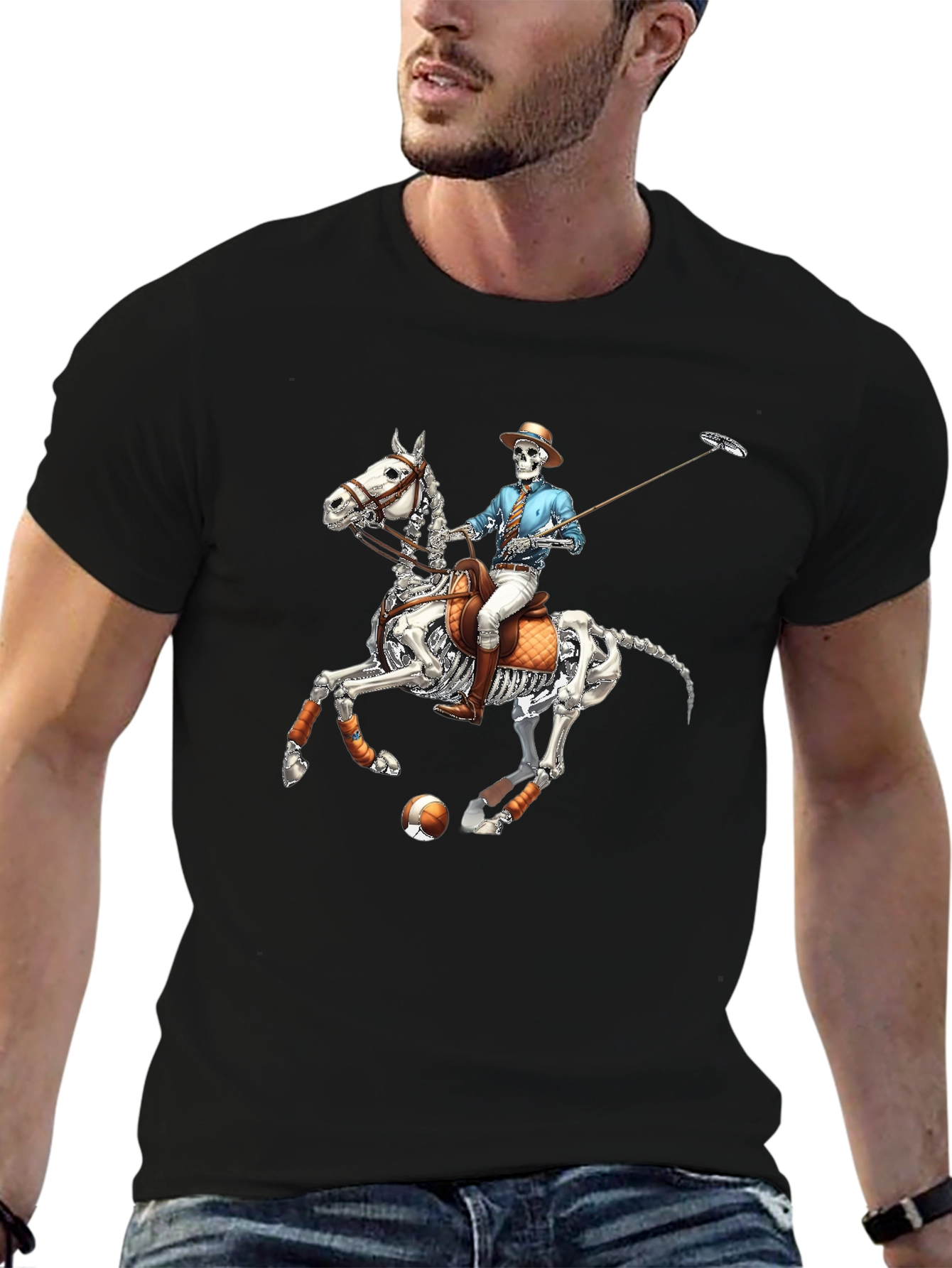 Skeleton Polo Player Graphic Tee - Unique Halloween Shirt