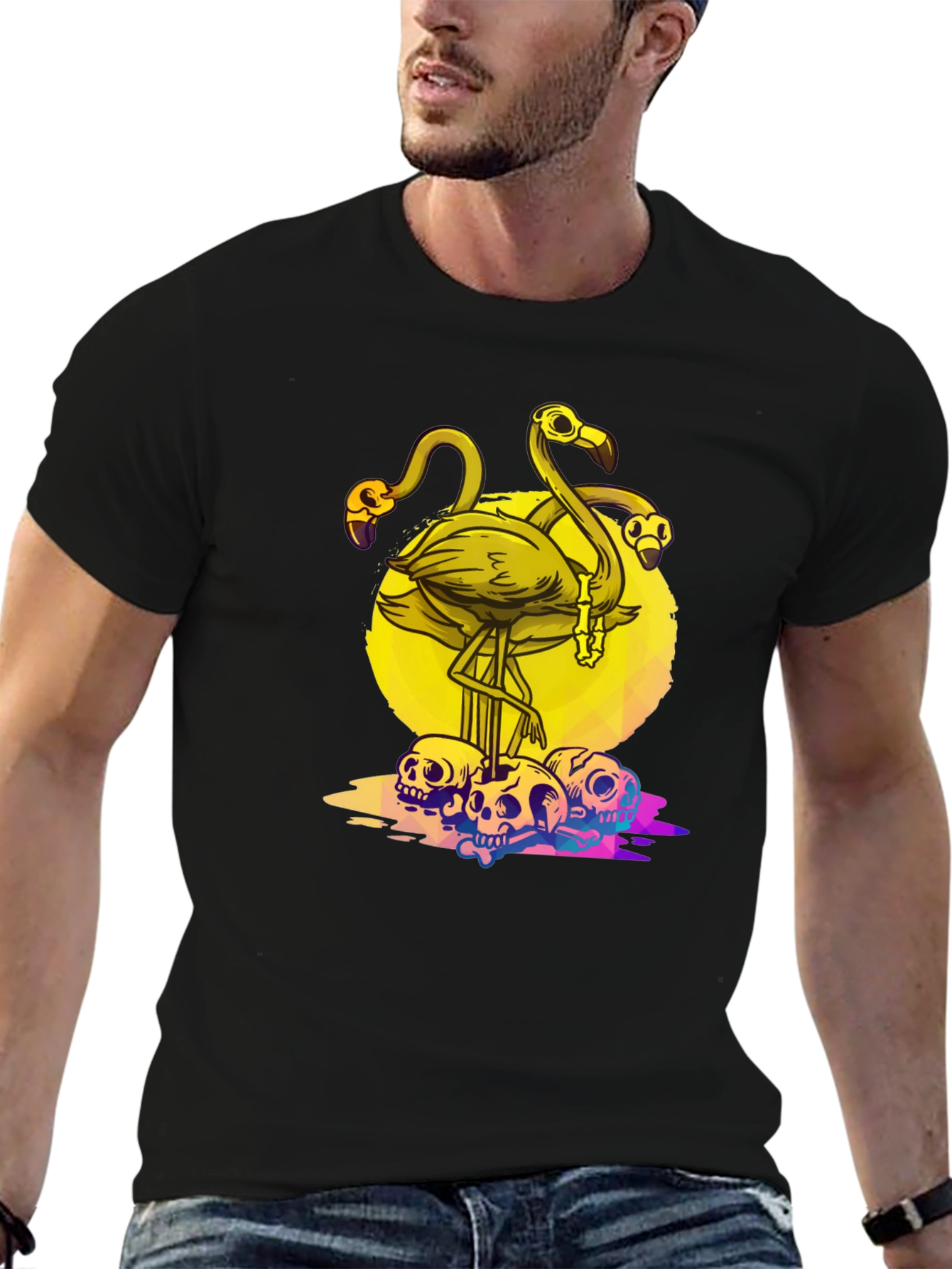 Flamingo Skull Graphic Tee - Mens Black T-Shirt
