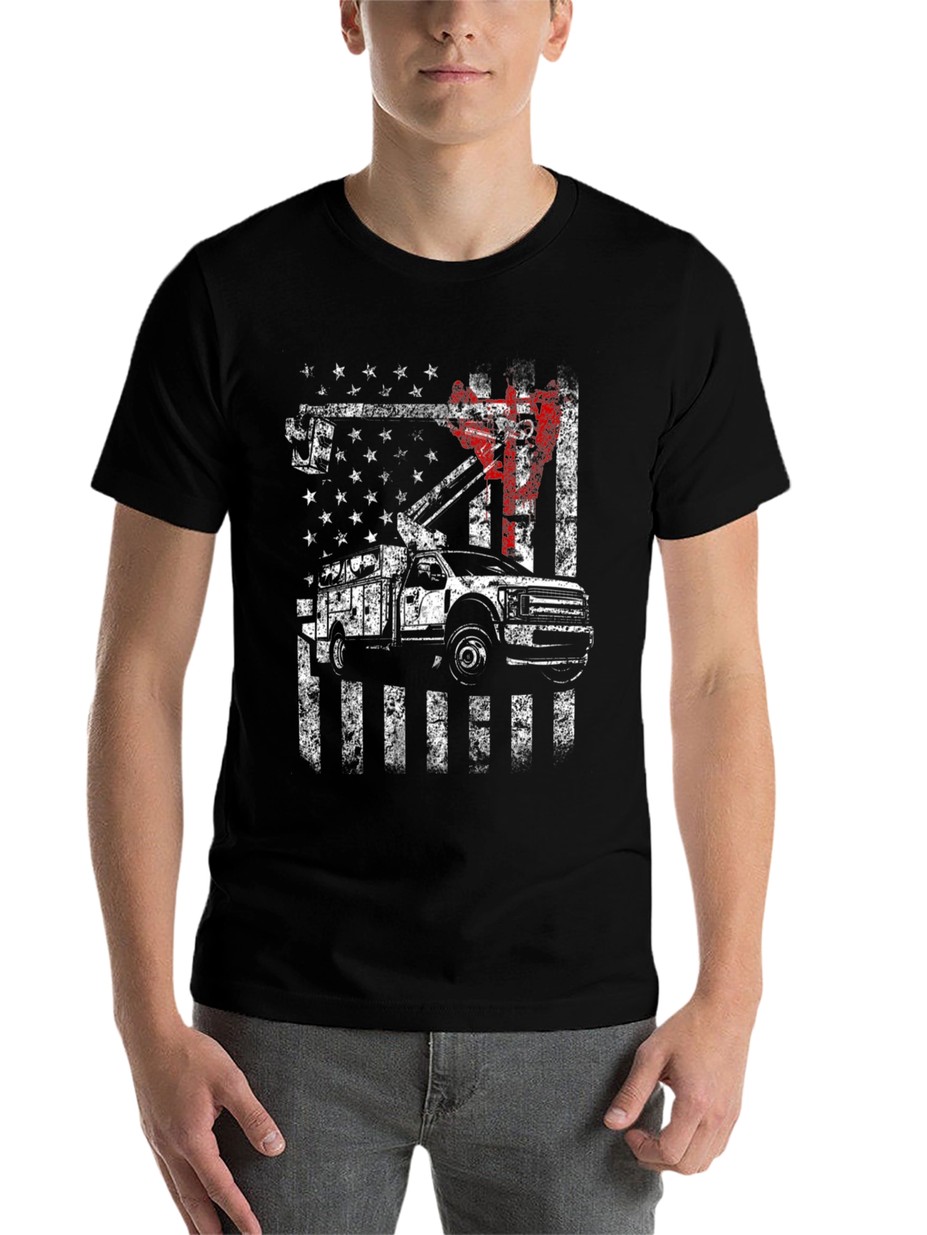 Lineman American Flag Truck Black T-Shirt