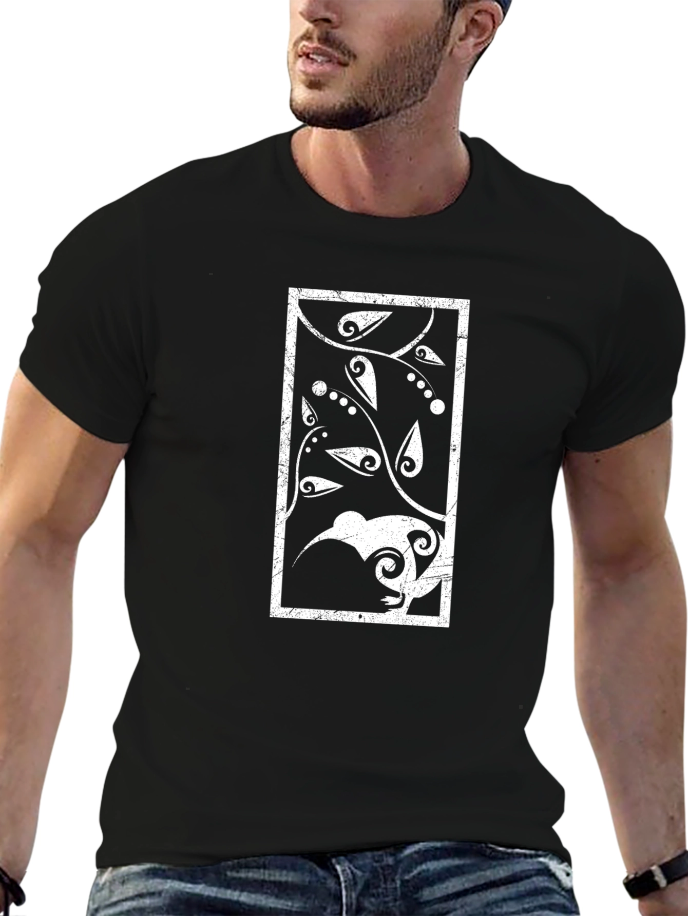 Abstract Kiwi Bird Graphic Tee - Black