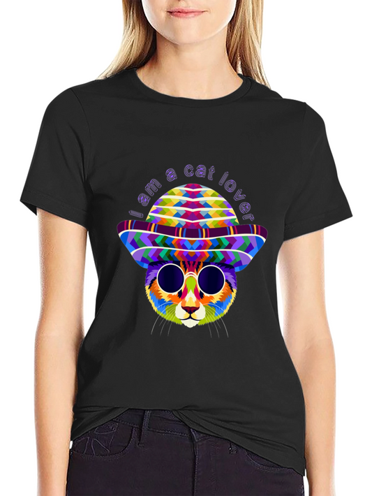Cat Lover T-Shirt - Colorful Kitty with Hat & Shades