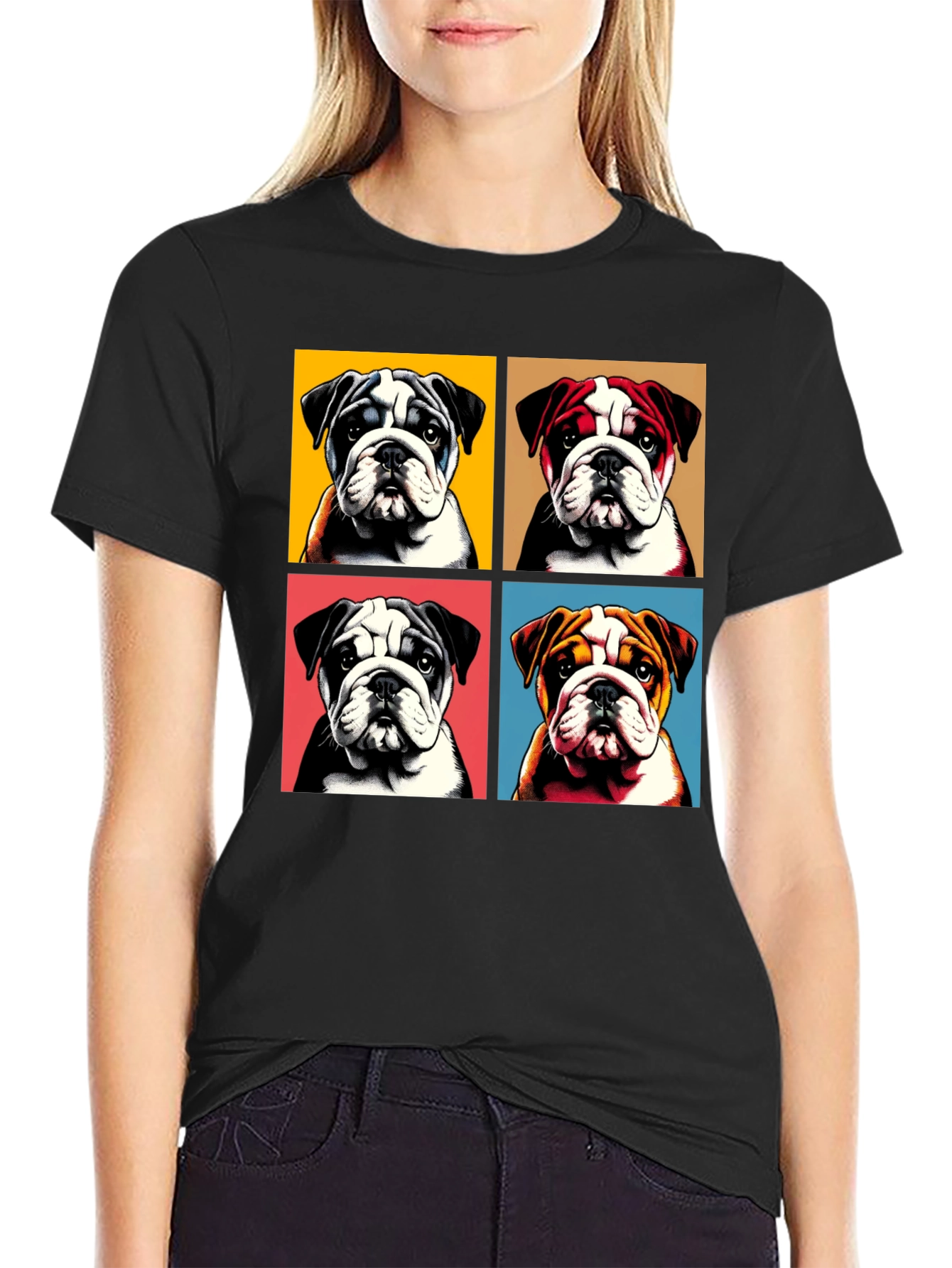 Bulldog Pop Art Graphic Tee - Black Cotton Blend