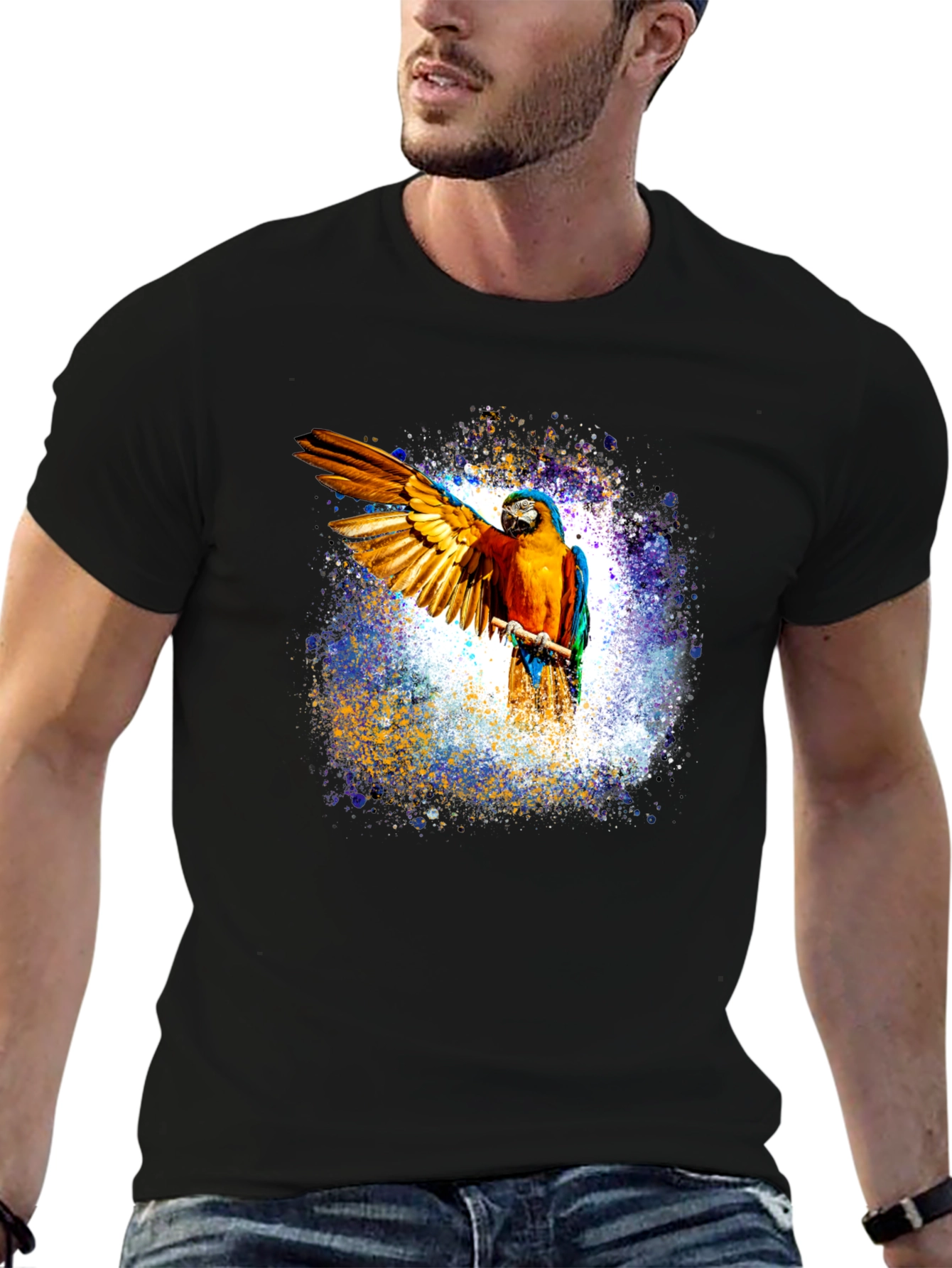 Macaw Parrot Graphic Black T-Shirt