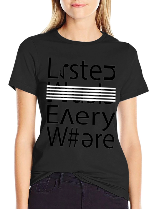 Listen Music Everywhere Black Graphic T-Shirt