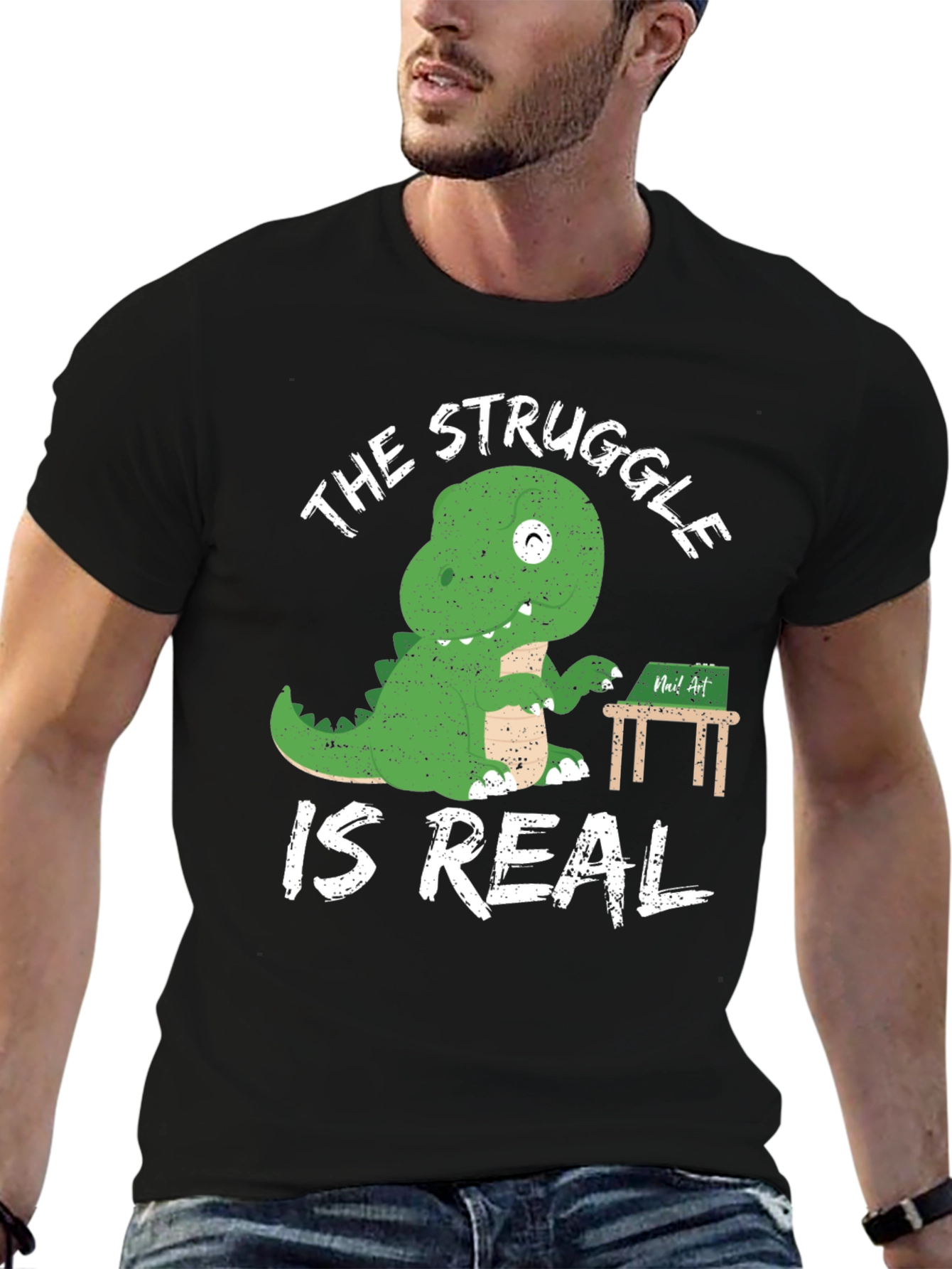 Dino Struggle is Real Black Graphic Tee