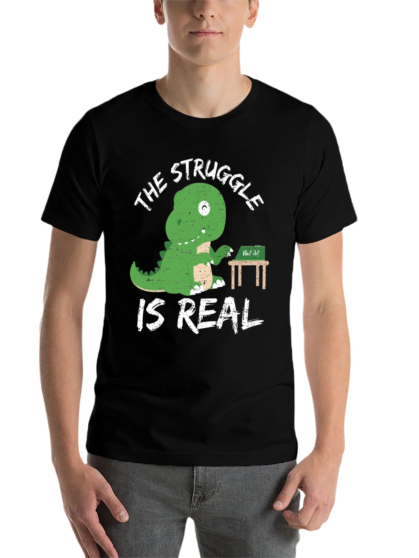 Dino Struggle is Real Black Graphic Tee