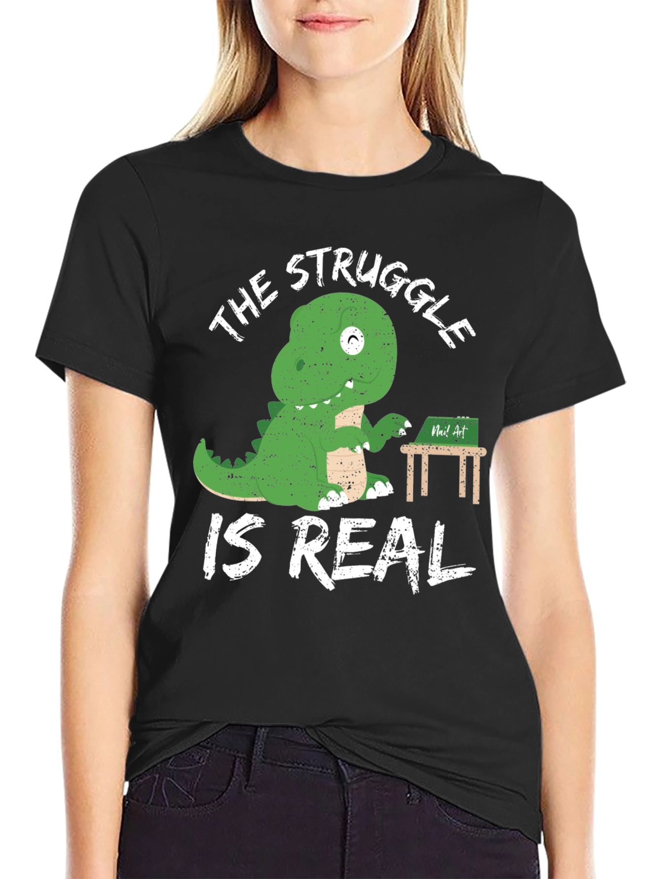 Dino Struggle is Real Black Graphic Tee