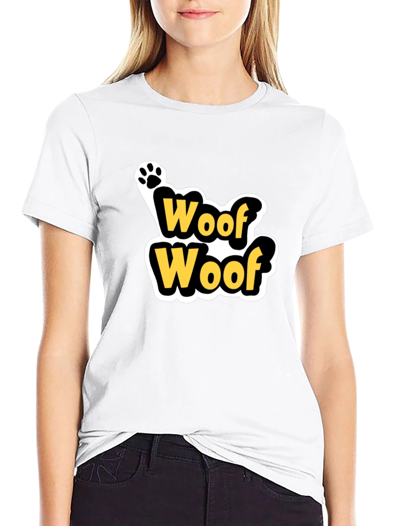 Woof Woof Dog Paw Print T-Shirt - Black