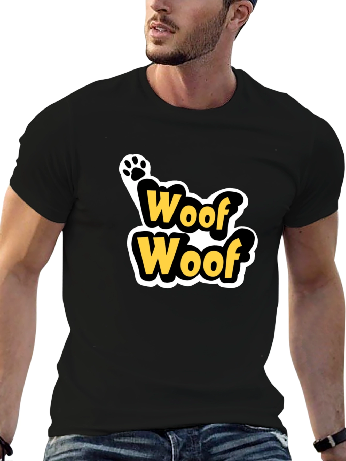 Woof Woof Dog Paw Print T-Shirt - Black