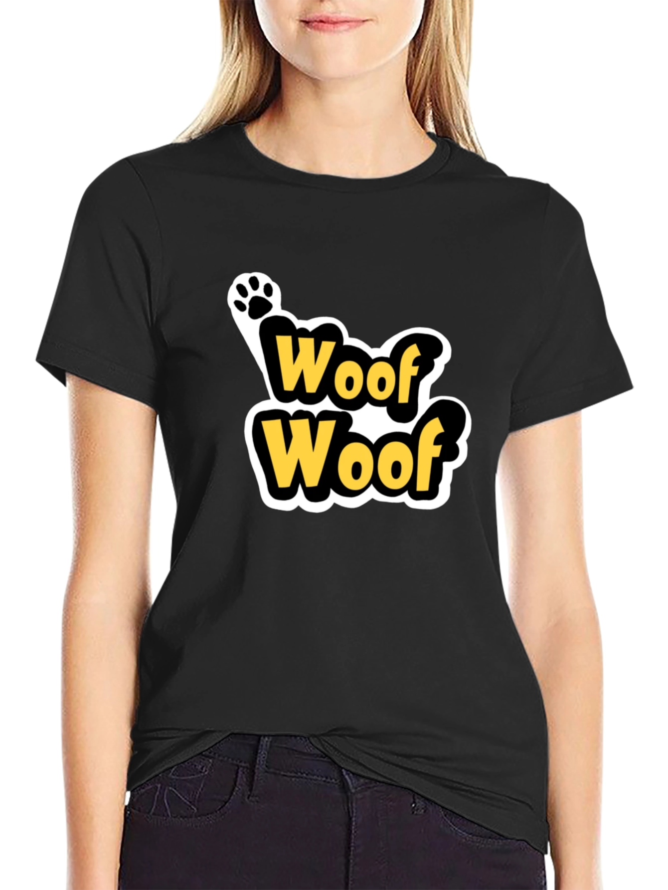 Woof Woof Dog Paw Print T-Shirt - Black