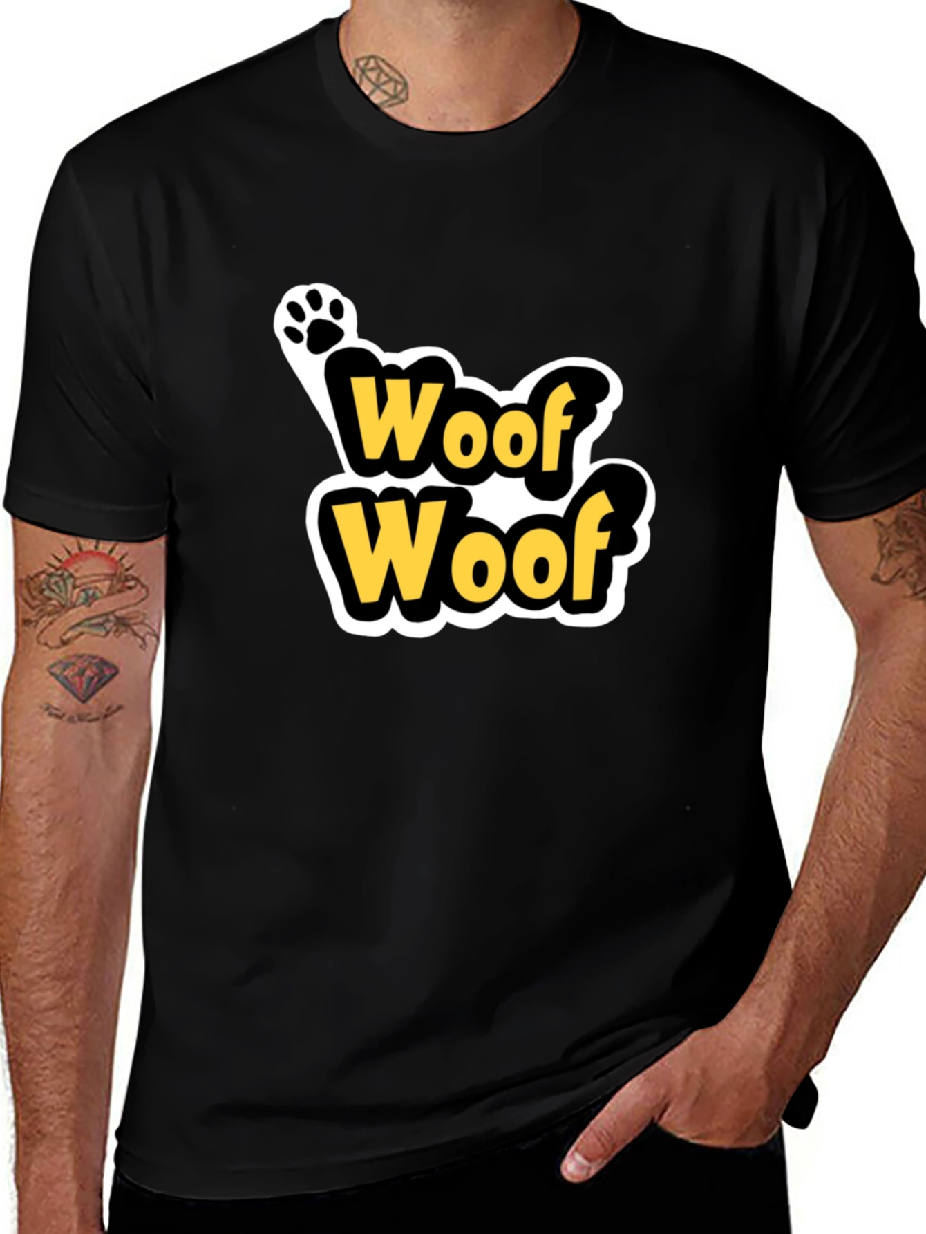Woof Woof Dog Paw Print T-Shirt - Black