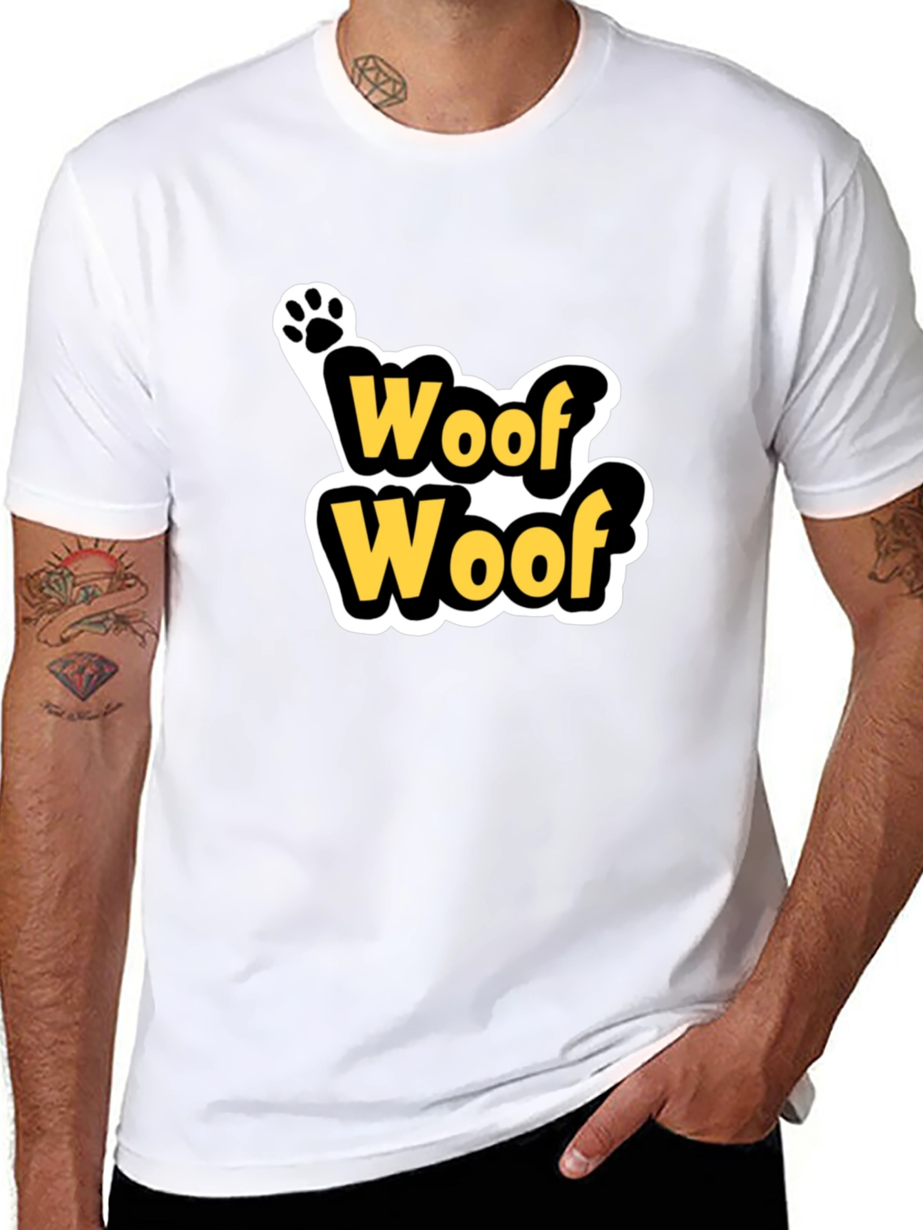 Woof Woof Dog Paw Print T-Shirt - Black