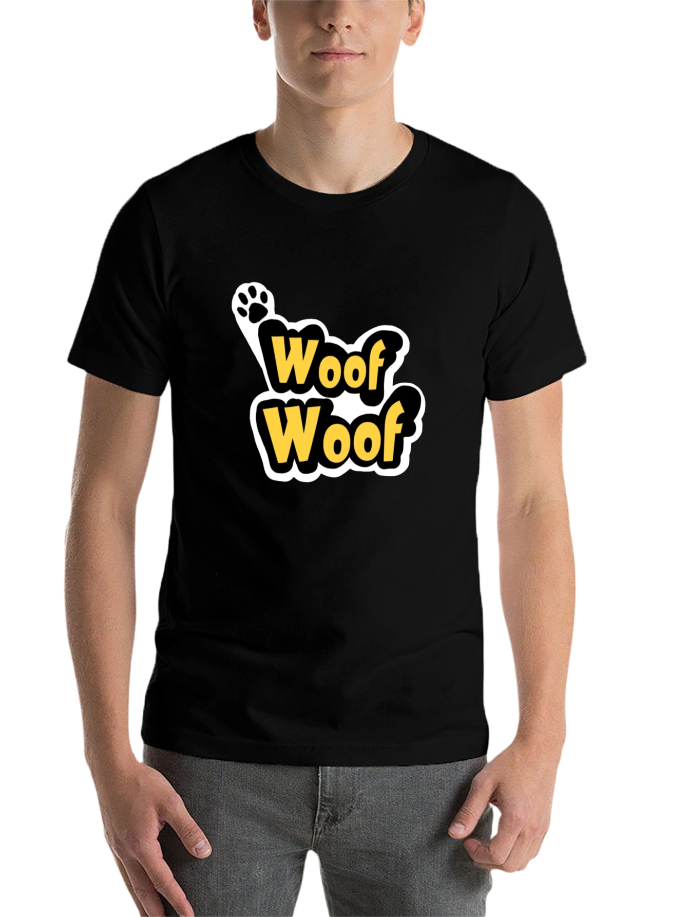 Woof Woof Dog Paw Print T-Shirt - Black