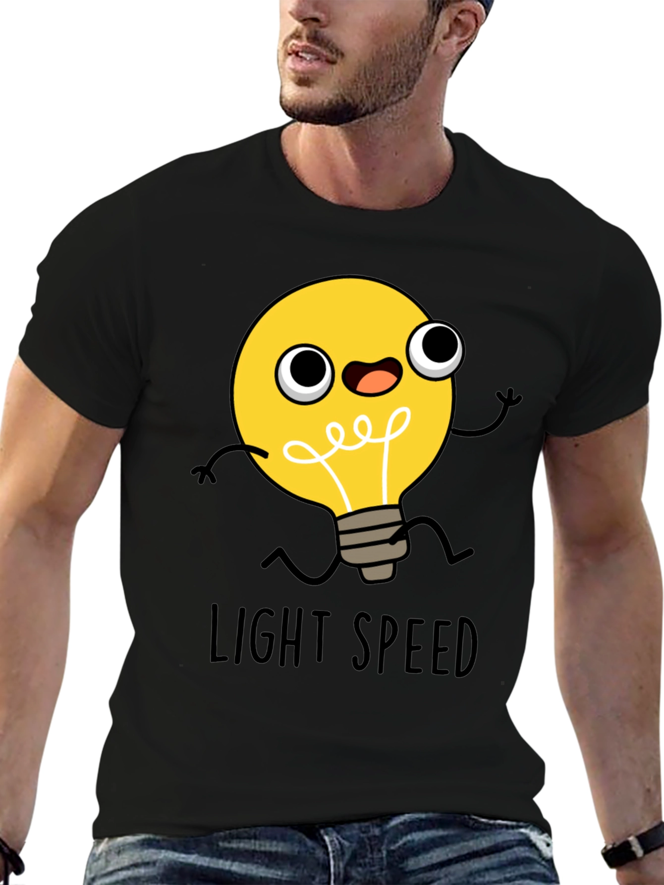 Light Speed Cartoon Lightbulb Black T-Shirt