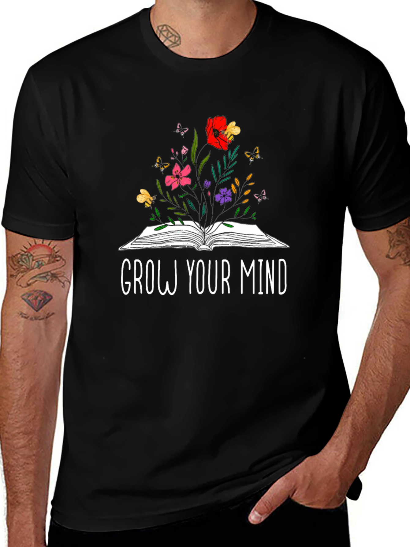 Grow Your Mind Book & Flowers Graphic T-Shirt