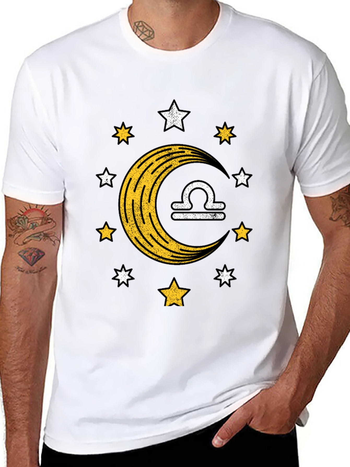 Libra Zodiac Black T-Shirt Moon and Stars Design