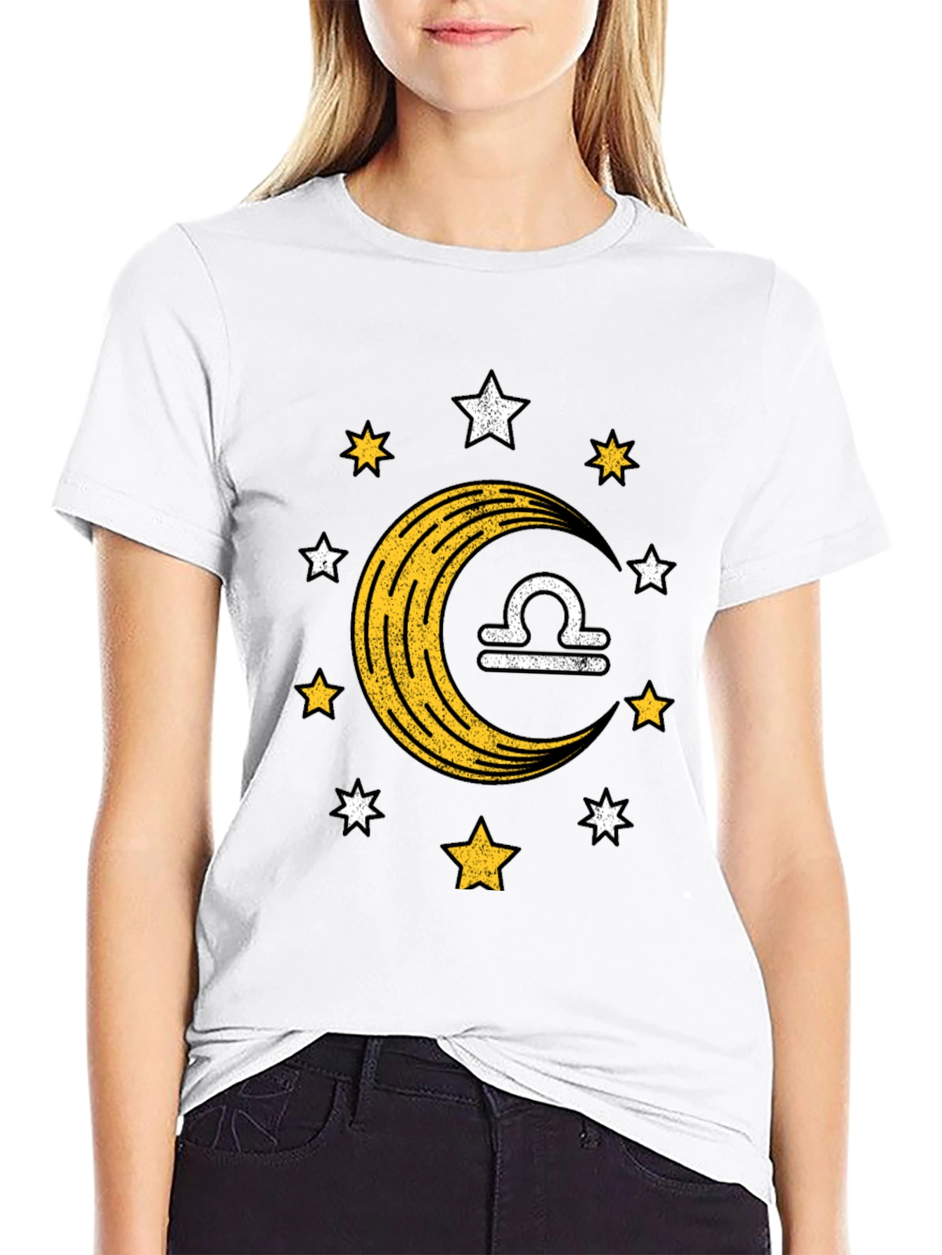Libra Zodiac Black T-Shirt Moon and Stars Design