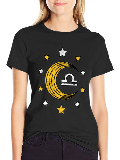 Libra Zodiac Black T-Shirt Moon and Stars Design