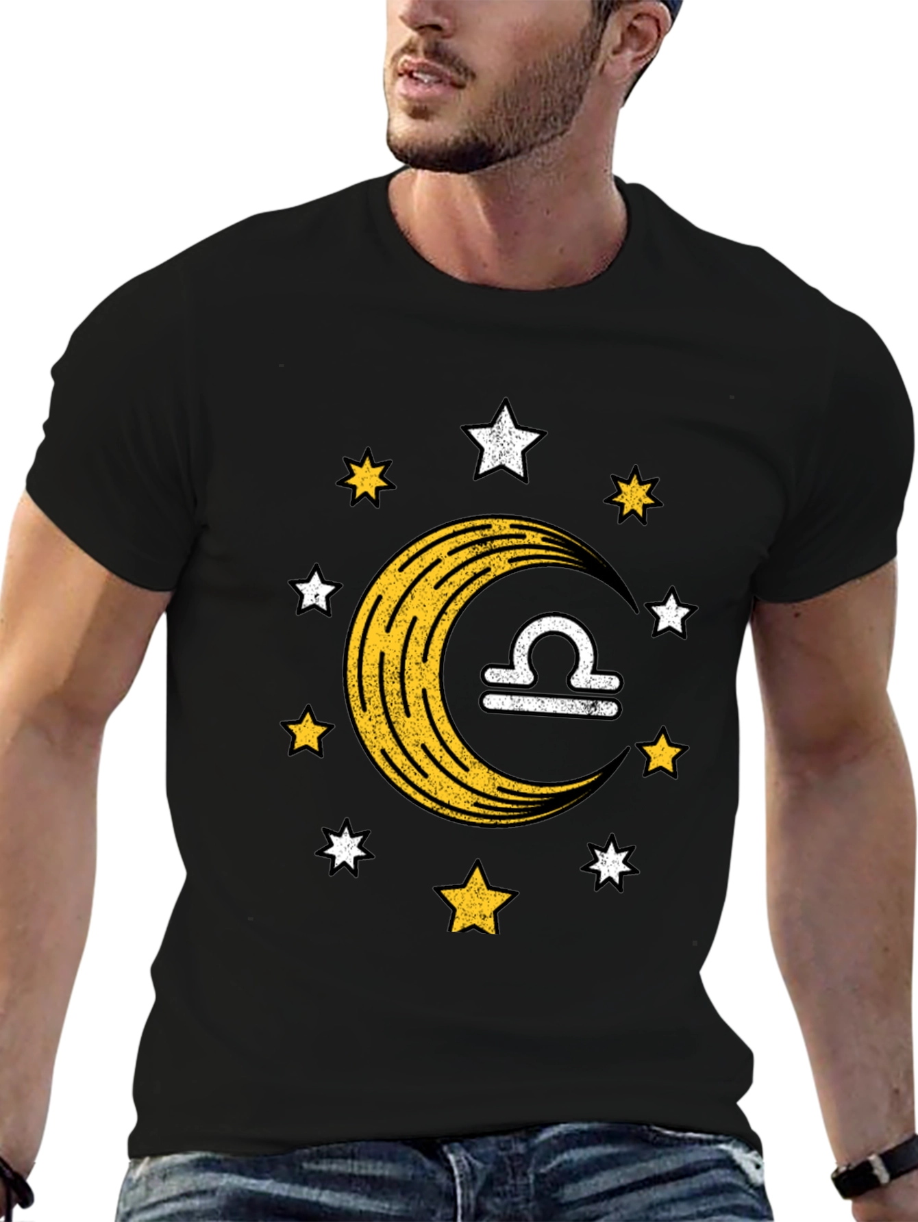 Libra Zodiac Black T-Shirt Moon and Stars Design