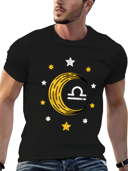 Libra Zodiac Black T-Shirt Moon and Stars Design