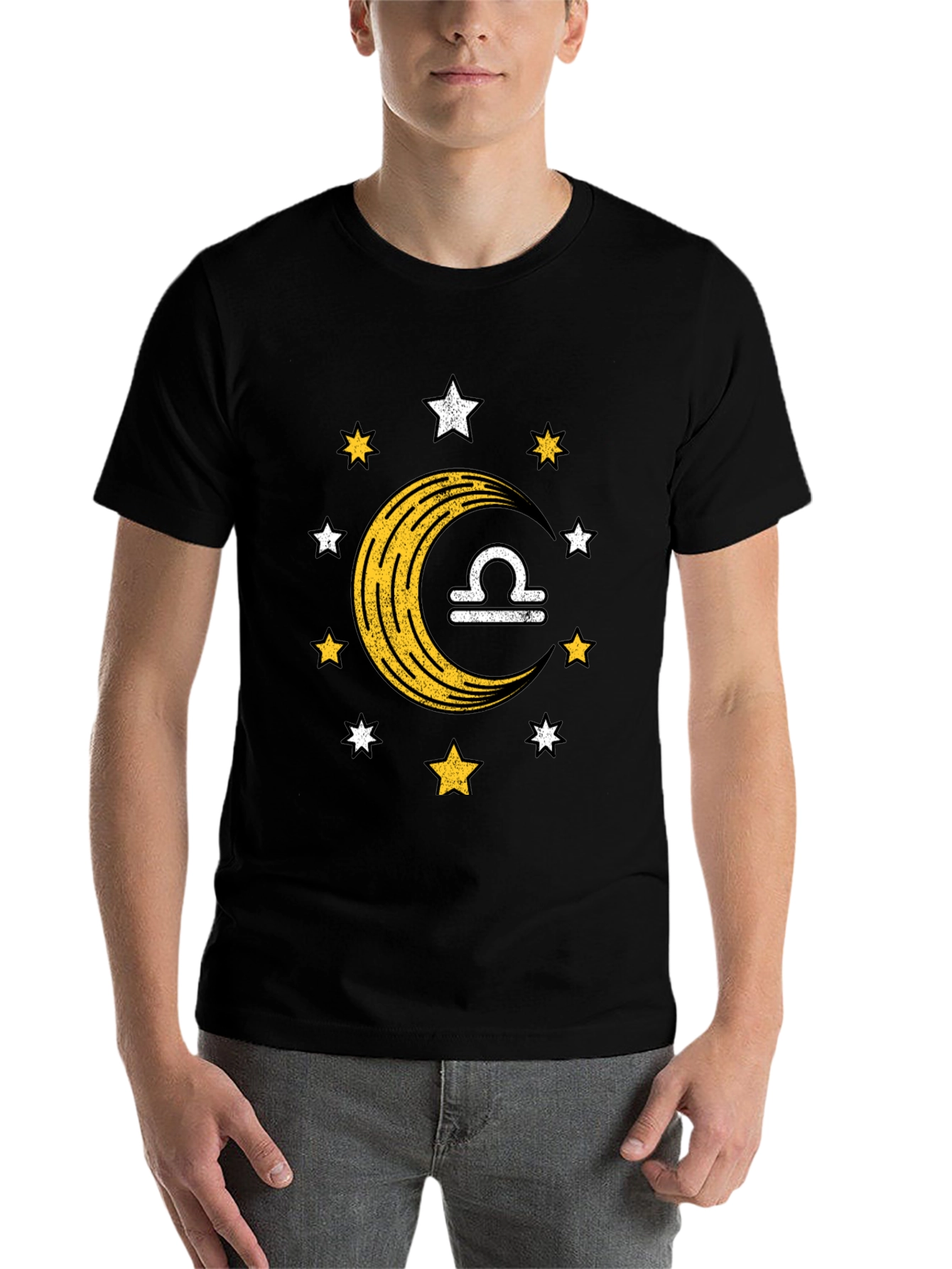 Libra Zodiac Black T-Shirt Moon and Stars Design