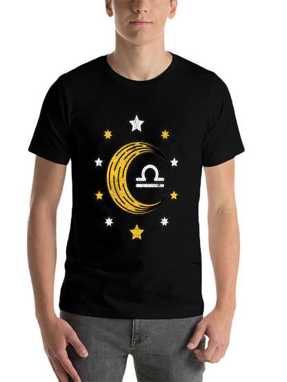 Libra Zodiac Black T-Shirt Moon and Stars Design