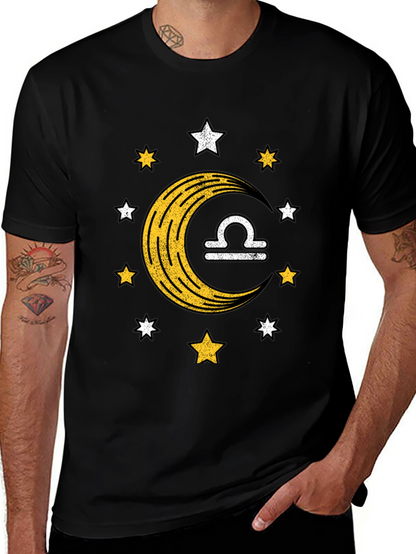 Libra Zodiac Black T-Shirt Moon and Stars Design
