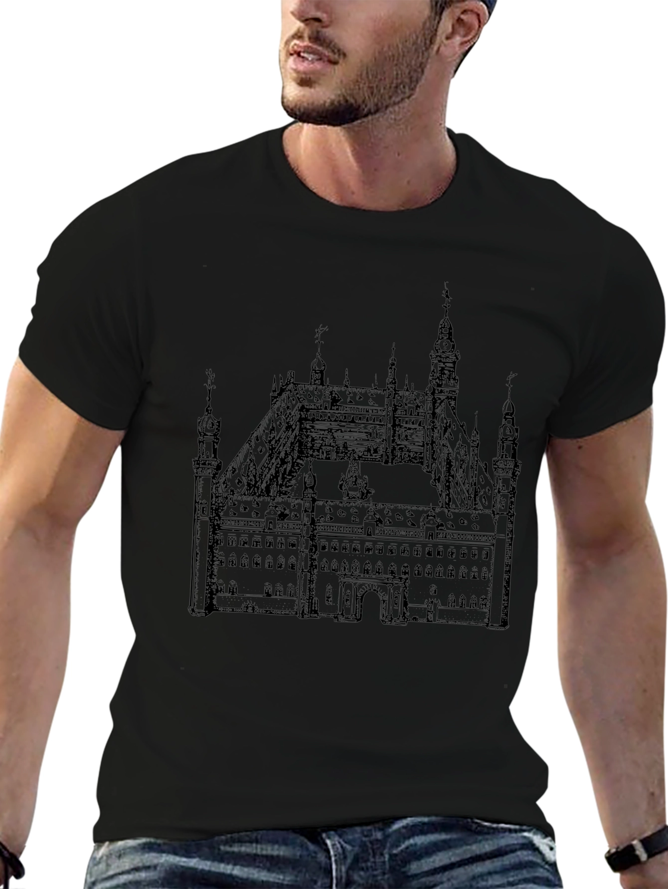 Black T-Shirt with Building Print