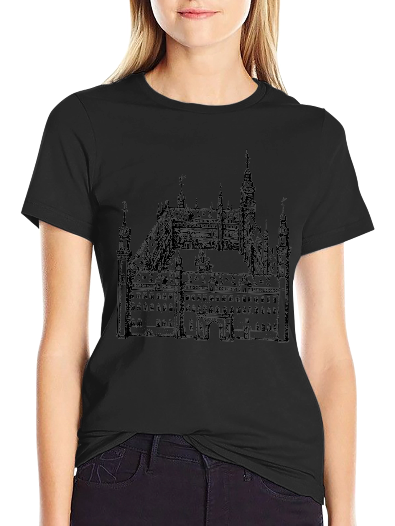 Black T-Shirt with Building Print