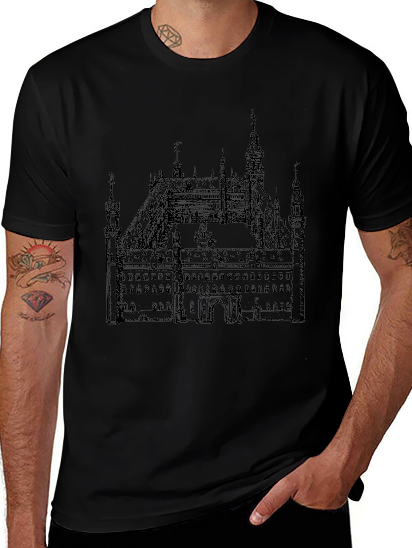 Black T-Shirt with Building Print
