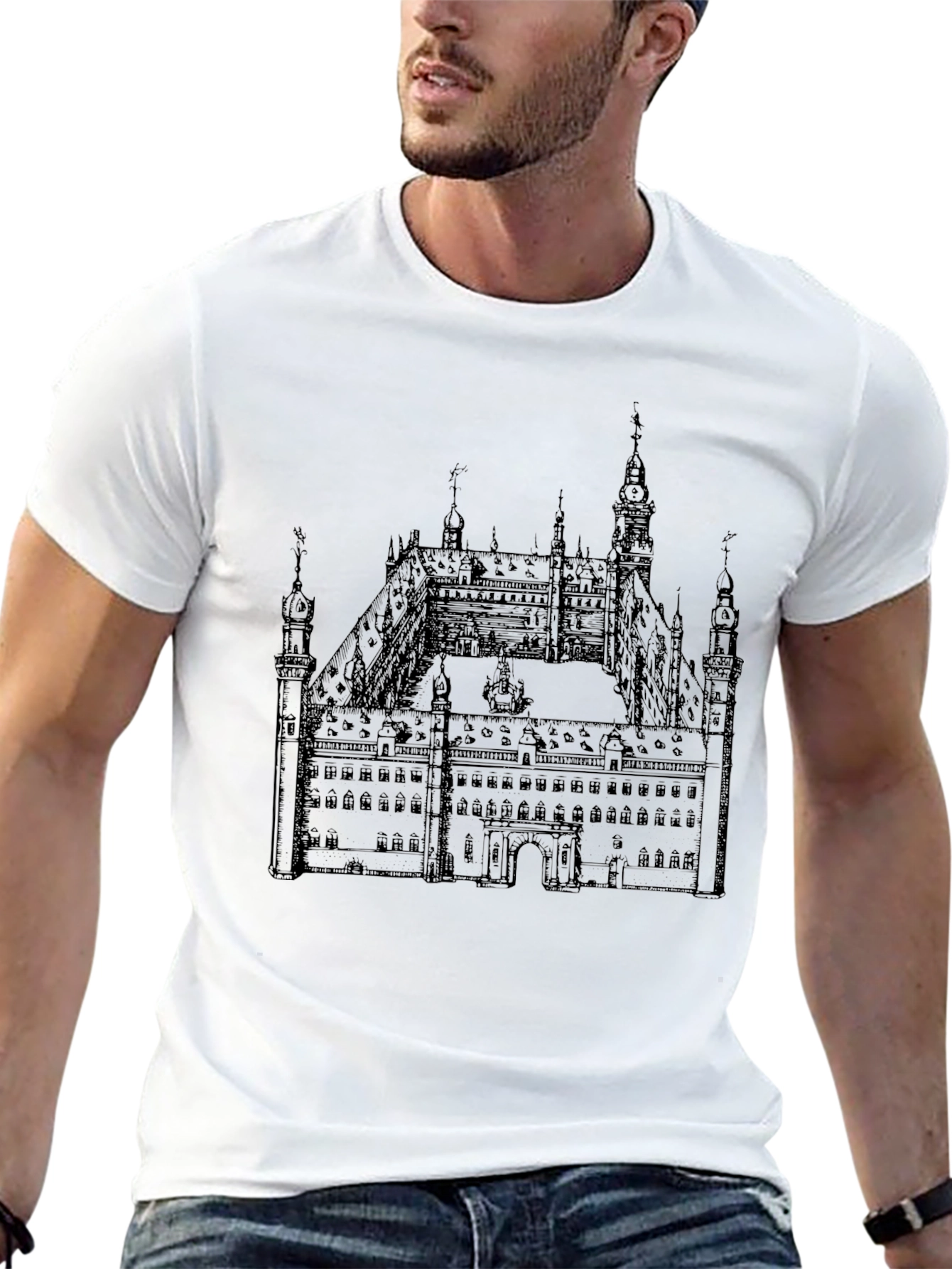 Black T-Shirt with Building Print